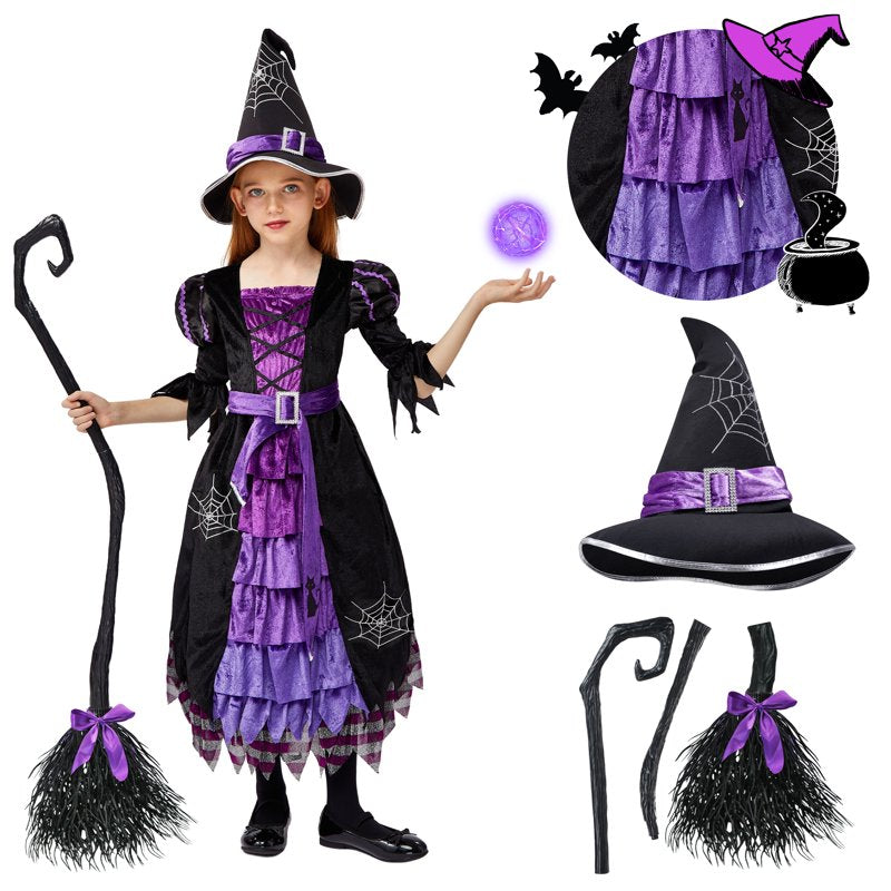 Toddler Girls Witch Costume Set XS (3-4 Years) Halloween Dress Up with Hat & Broom