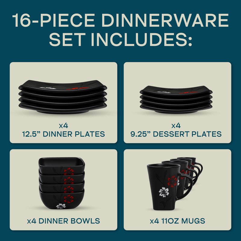 16-Piece Black Satin Evening Blossom Dinnerware Set