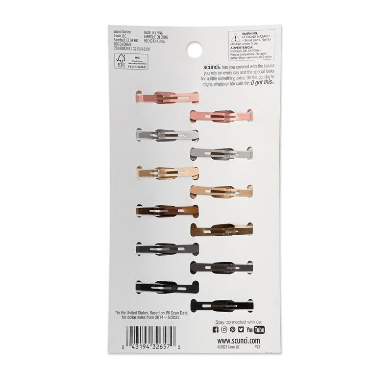 Metallic Contour Snap Hair Clips, 12-Pack Decorative Hair Accessories