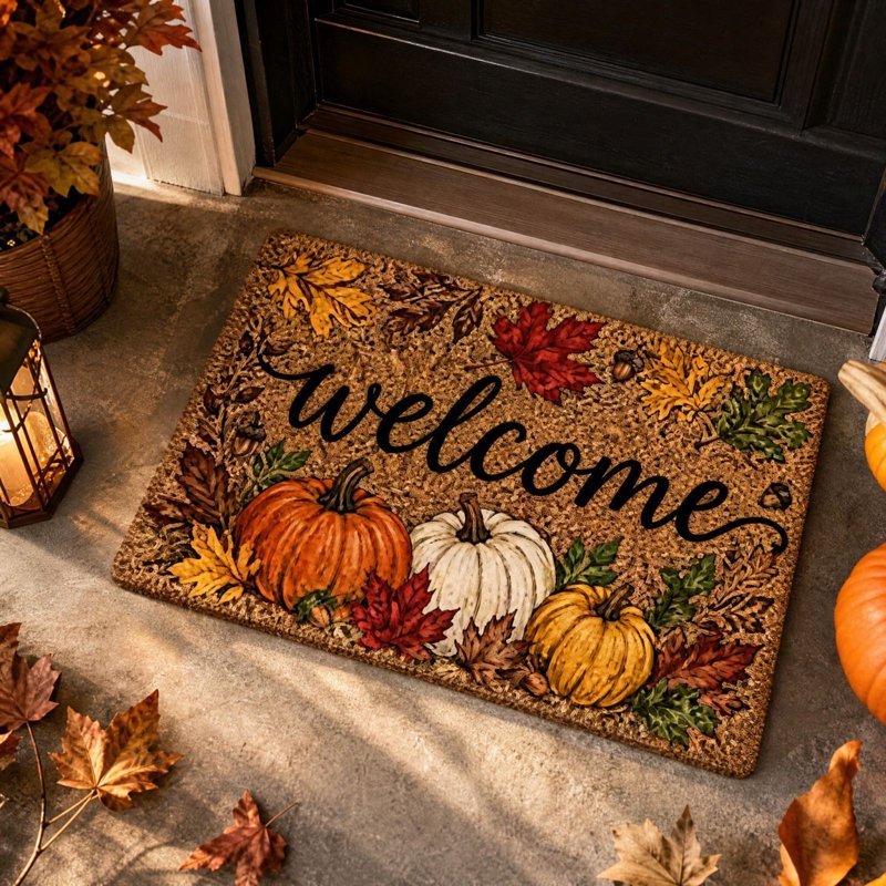 Thanksgiving Harvest Doormat - Non-Slip Welcome Floor Mat with Pumpkin & Maple Leaves - A-b