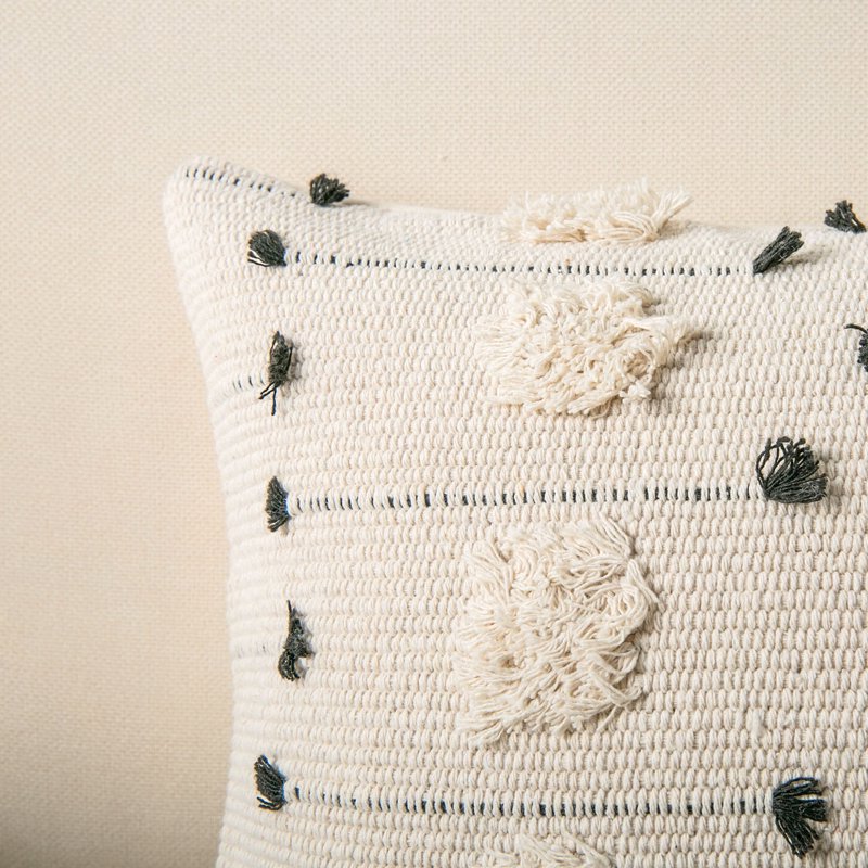 Boho Woven Tufted Throw Pillow Cover - 18x18 Inches, Beige Black Geometry
