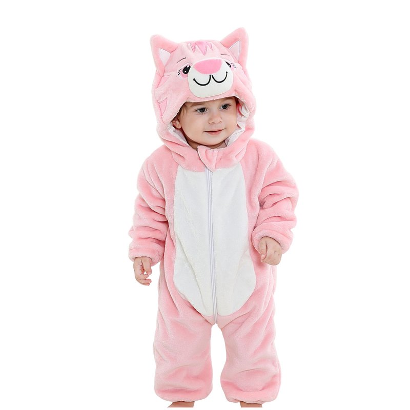 Kids Animal Hooded Romper - Pink, 3-6 Months Cute Flannel Jumpsuit