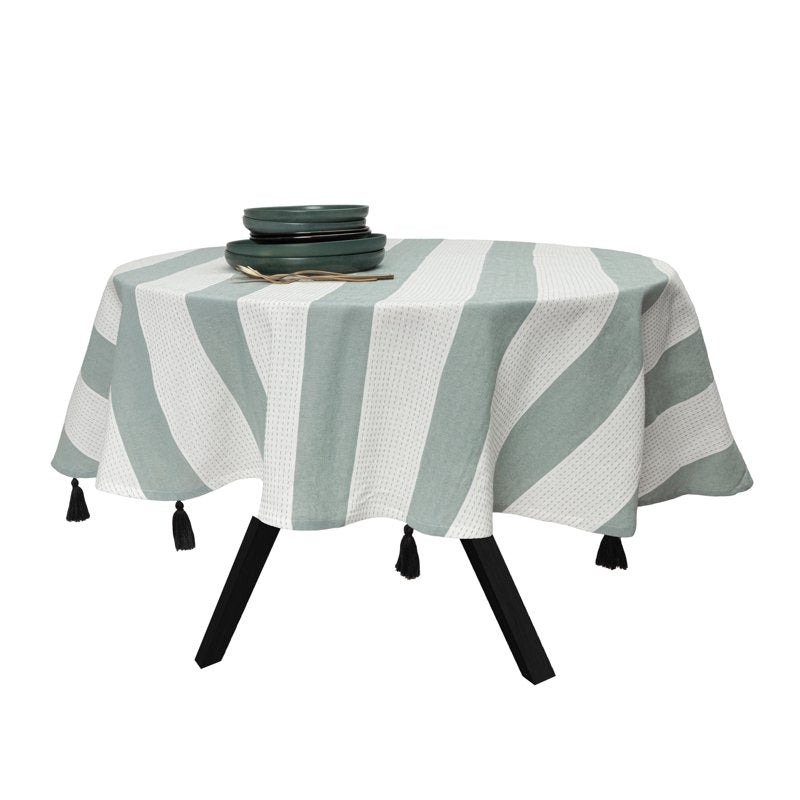 70" Round Tablecloth - Green & White with Black Tassels, 4 Pack