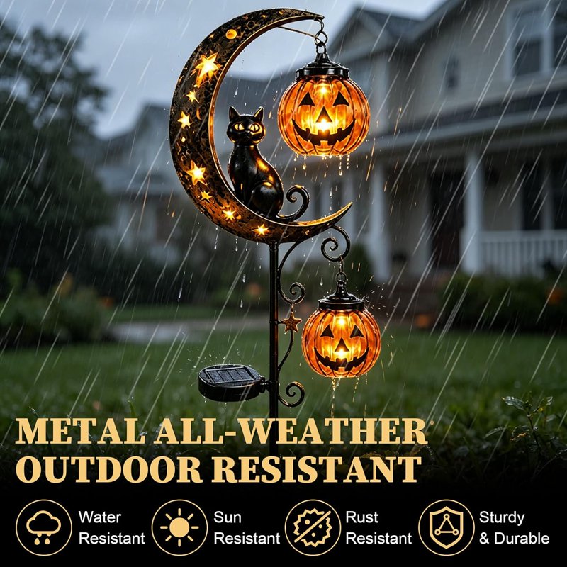 Solar Black Cat & Pumpkin Moon Garden Stake Light - Waterproof Halloween Yard Decor - Variation C