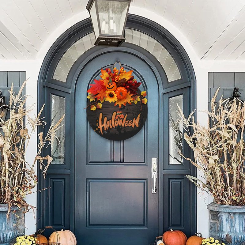 Halloween Wreath Indoor Outdoor Decorations B - Artificial Pumpkin & Spider