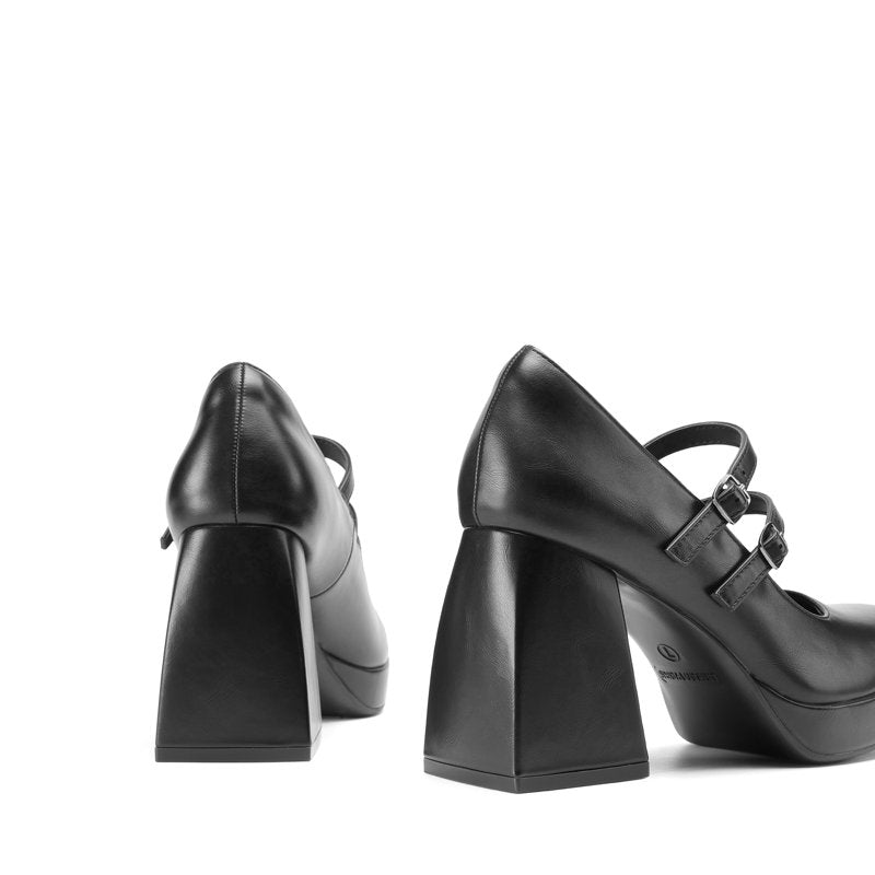 Black PU Double Strap Platform Mary Jane Heels - Women’s Y2K Chunky Block Heels 9.5