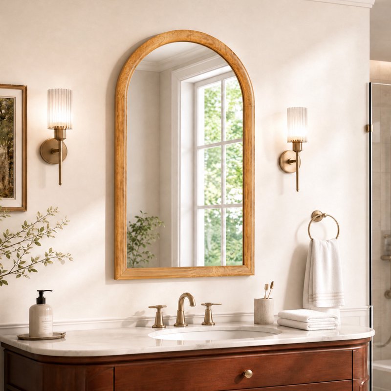 Arched Bathroom Mirror Wall Decor - 36x24 Natural Wood Frame