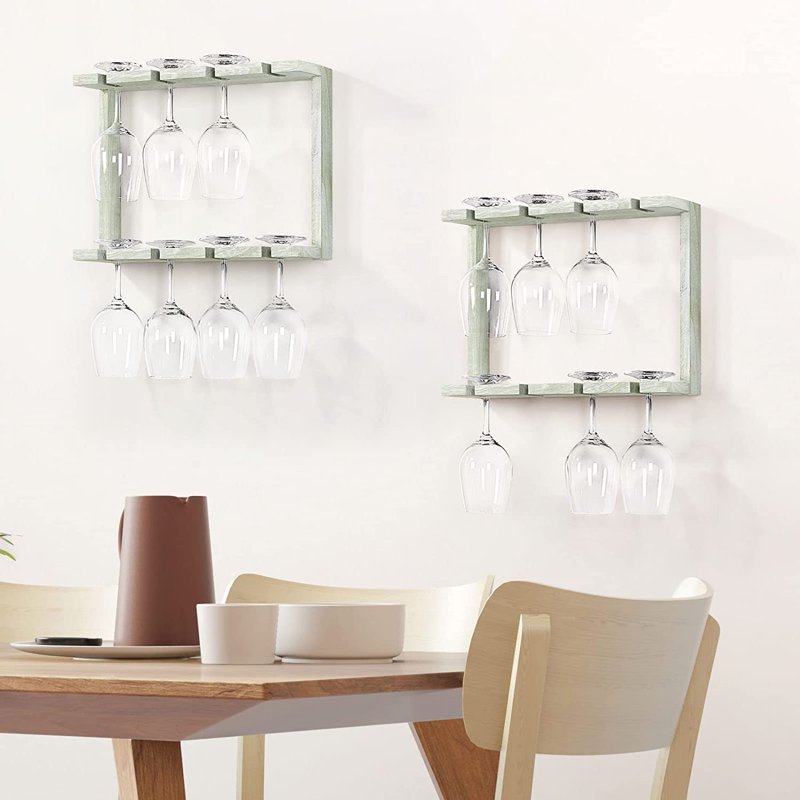 2-Tier Wall Mounted Wood Wine Glass Holder Rack - Gray Green