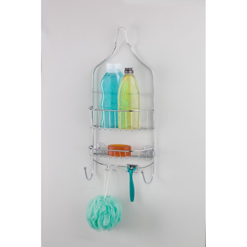Chrome Shower Caddy with 2 Shelves and Hooks - Rust-Resistant Bathroom Organizer