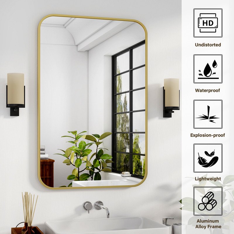 48x30 Inch Rectangular Bathroom Mirror - Gold Wall Mount with Rounded Corners
