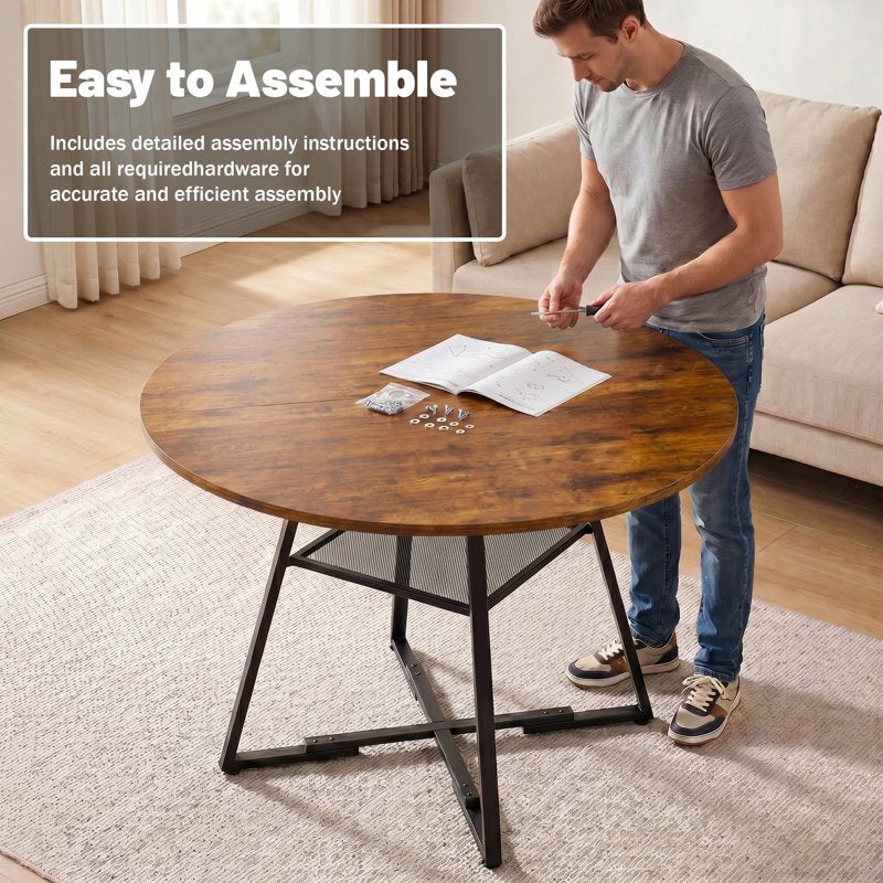 47 Inch Round Dining Table for 4-6 - Farmhouse Style, Rust
