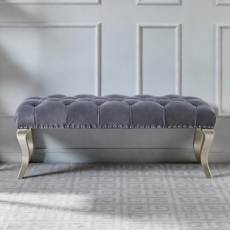 Upholstered Bench with Nailhead Trim - Soft Gray Velvet