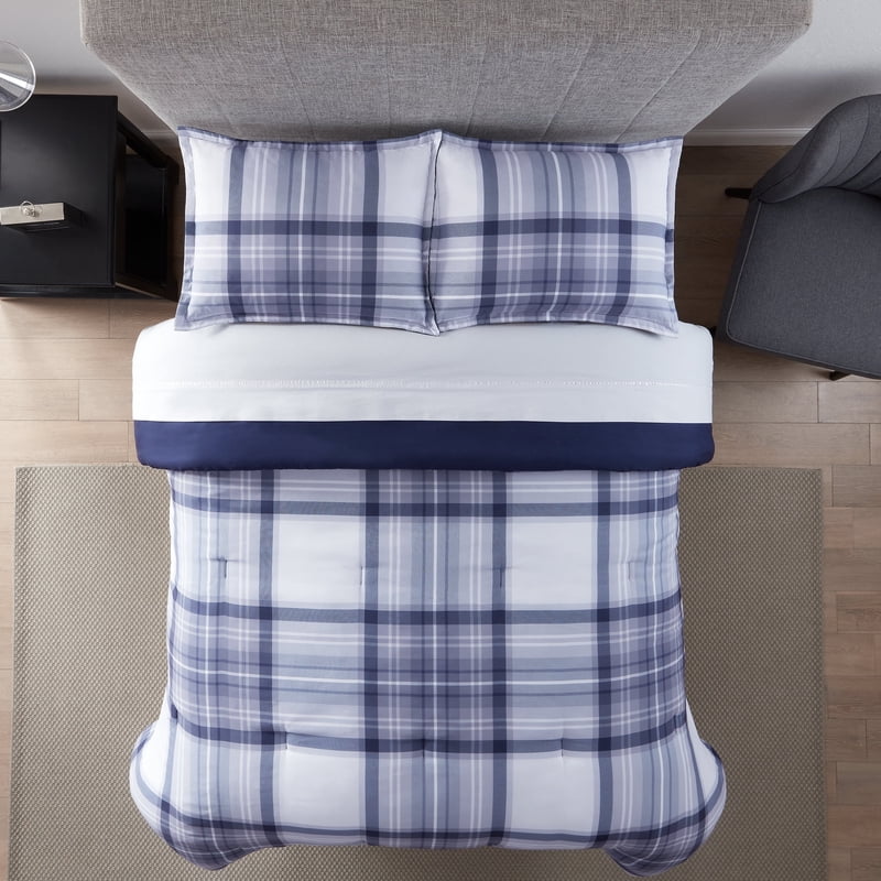 Serta Simply Clean King Bedding Set with Blue Plaid - 7-Piece Bed in a Bag