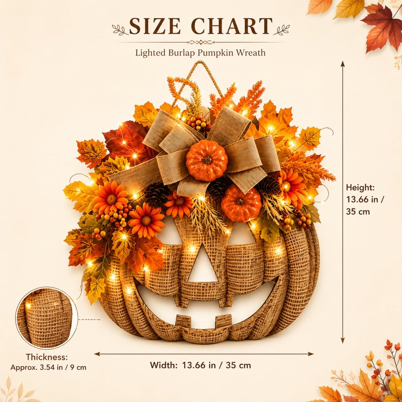 Lighted Burlap Pumpkin Wreath - 13.78-Inch Fall Door Decor with LED Fairy Lights