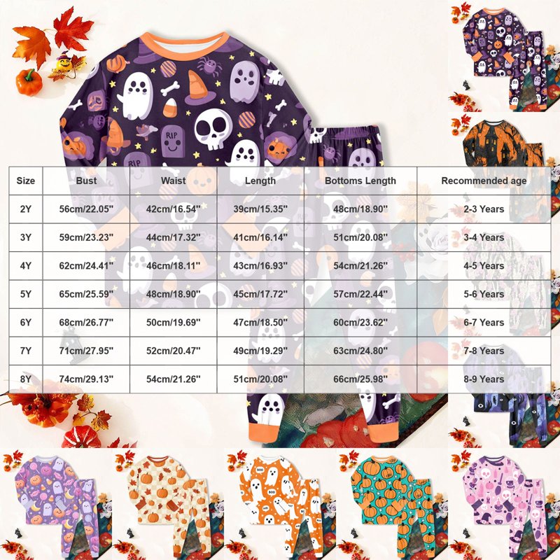 Kids Halloween Skeleton Pajama Set - Cotton Pumpkin Ghost Print, 2-3 Years - Purple Variation Z06