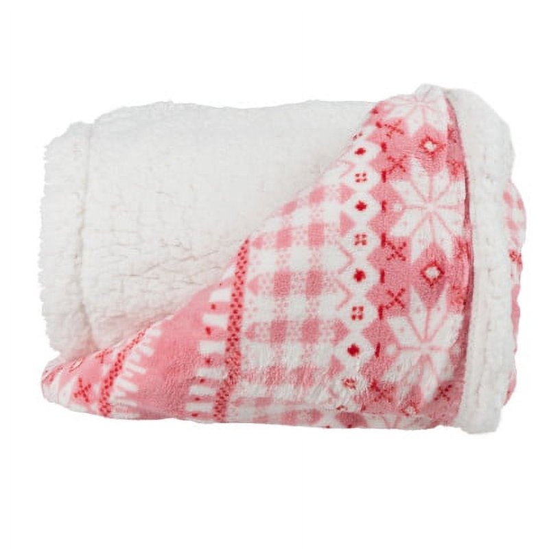 Reversible Pink and White Snowflake Fleece Blanket - 50x60 Throw for Couch & Bed