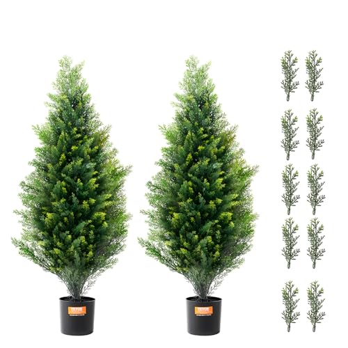 VEVOR Artificial Topiary Cedar Tree, 36 inch Tall (2 Pieces), with Extra Leaves & Pot Faux Evergreen Fake Pine Cypress Trees Plant, UV Rated Artificial Greenery Set for Home Decor Indoor/Outdoor