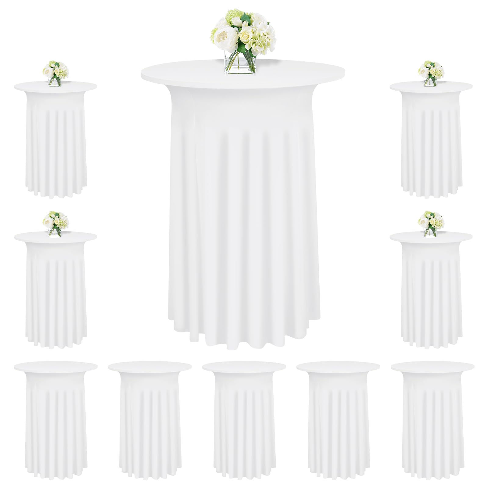 YJYQHYX 6 Packs Round Cocktail Table Skirt 24"x 43" Spandex Stretch Cocktail Table Cloths with Wavy Skirt, Spandex Fitted High Top Table Covers for Wedding Party Birthday Banquet Table (White)