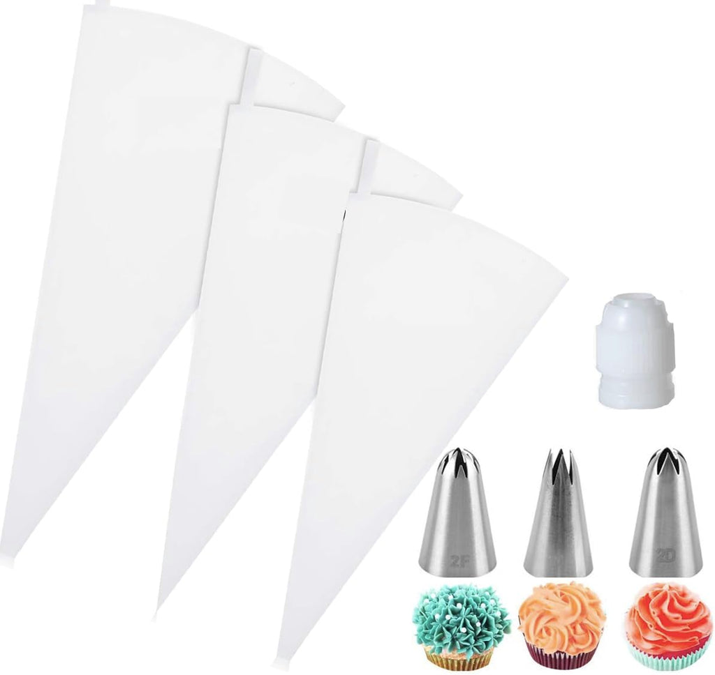 Skiennix Reusable Piping Bags Set - Eco-Friendly Cotton Bags with 3 Tips & Coupler for Easy Cake Decorating