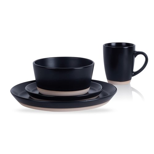 Stone Lain Jules Stoneware 16-Piece Dinnerware Set, Plates and Bowls, Service for 4, Black, Microwave & Dishwasher Safe