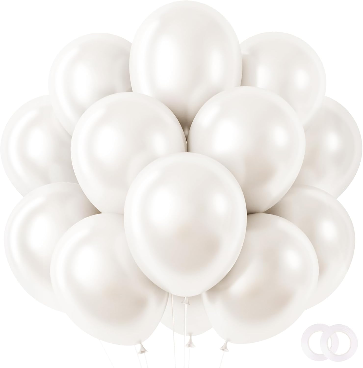 RUBFAC Pearl White Balloons - 12 Inch Party Balloons with Ribbons | 65pcs for Weddings & Celebrations