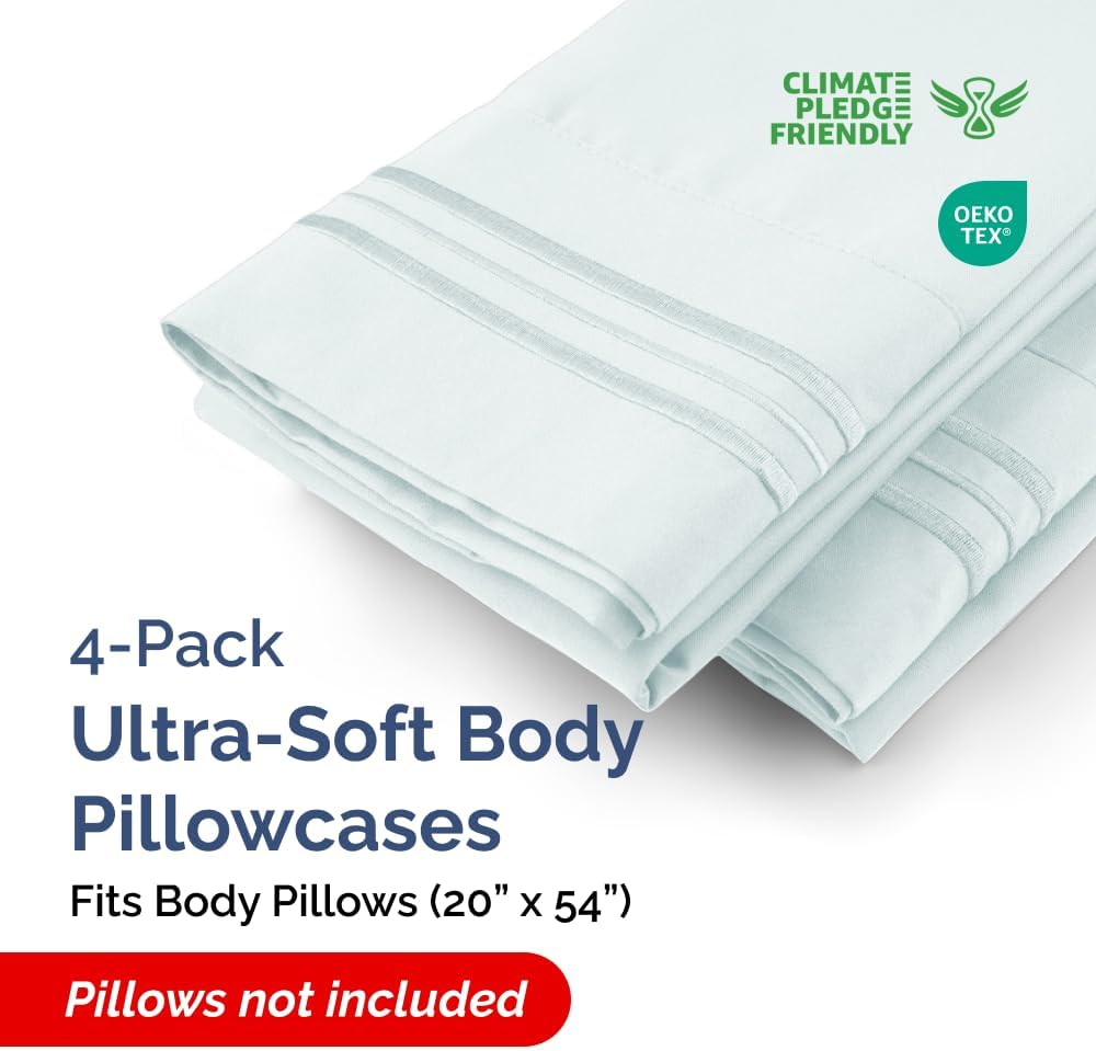 Skiennix Body Pillowcases Set of 4 | Soft & Breathable 20x54 Long Pillow Covers - Fade-Free, Machine Washable - Ice Blue