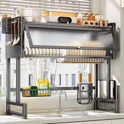 ZrgGea Over The Sink Dish Drying Rack, Over Sink Dish Drain Drying Rack for Kitchen Storage of Dishes and Cutlery, Space Saving Dish Rack with Cover, (Black, 33.5 inch)