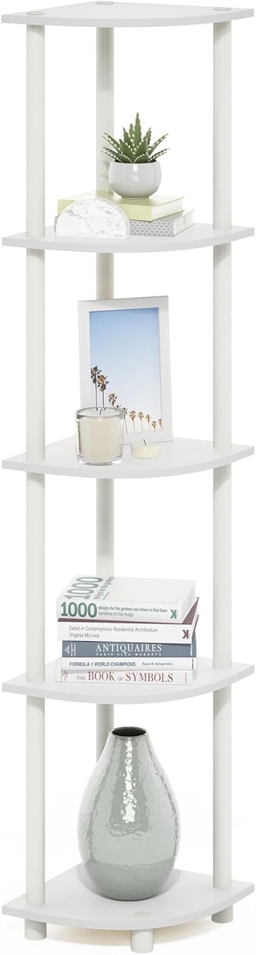 Furinno Turn-N-Tube Corner Shelf - 5-Tier Open Storage Bookshelf for Living Room, Home Office, White