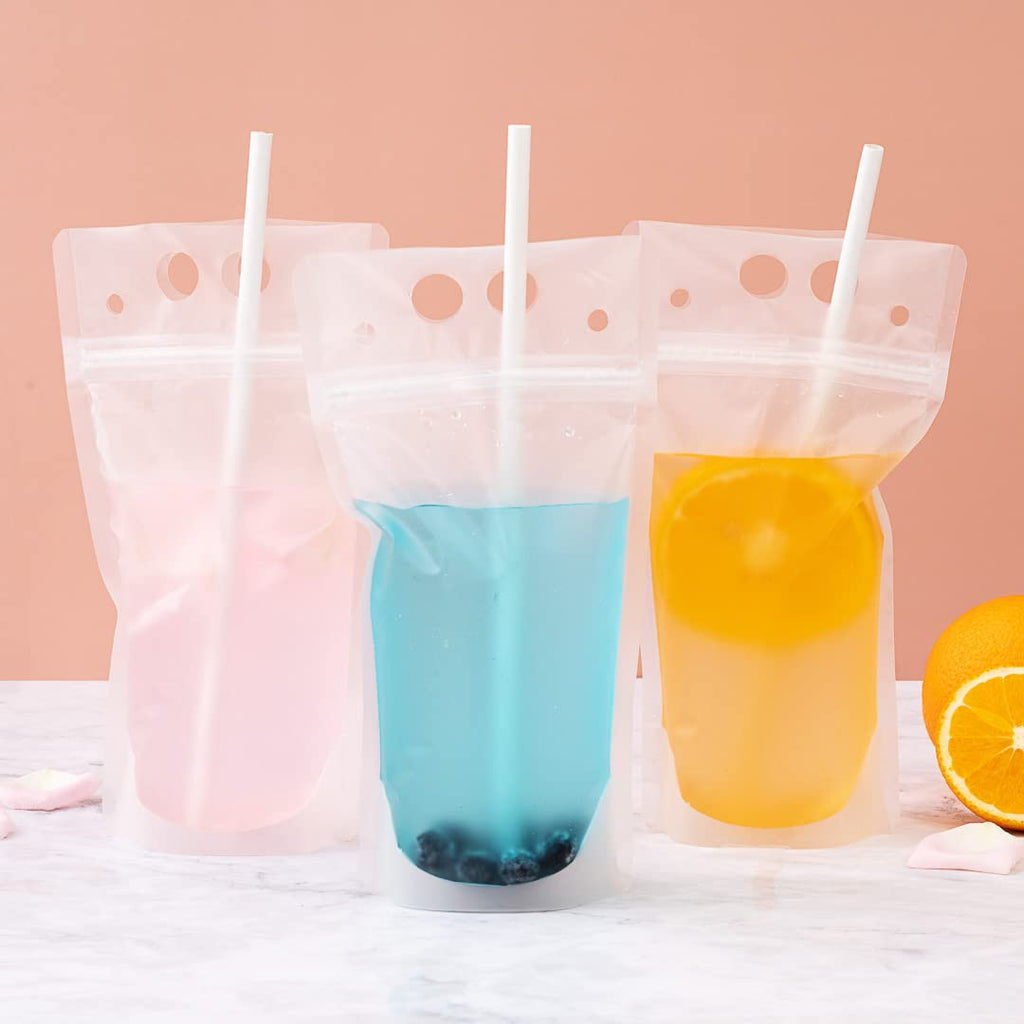 Restaurantware Bag Tek 5.1 X 1.6 Inch Drink Pouches 100 Double Zipper Juice Pouches - Hand-Held Straw Storage Translucent Plastic Drink Bags Heavy Duty Tamper-Evident