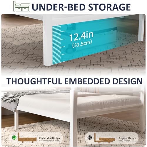 J.Fkne Twin Bed Frame with LED Lights & Charging Station, Metal Platform Bed with Headboard, Heavy Duty Metal Slats, No Box Spring Needed, Noise Free, Easy Assembly, White