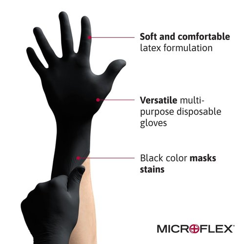Ansell MICROFLEX Black Dragon BD-100L Heavy Duty 6.7 mil Latex Exam Gloves for Automotive, Food, Life Sciences, Healthcare, Size 9 (L), Black (Pack of 100)
