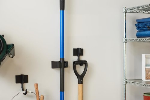 Duck EasyMounts Mop and Broom Holder - Heavy Duty Wall Mount Rack for Home Organization and Storage - No Tool Install - Holds Up to 15 lbs - Black, Pack of 1 Hook & All Hanging Hardware