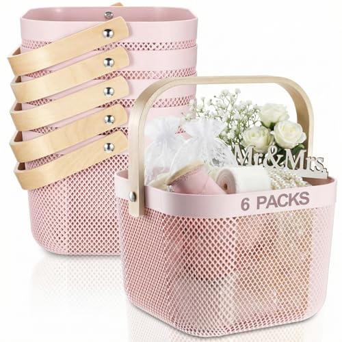 Roshtia 6 Pcs Plastic Mesh Storage Basket with Handle 9.8 x 10.2 x 7.1 Inch Garden Harvest Storage Basket Multi Functional Hanging Organizer for Kitchen Bathroom Picnic Cabinet Home(Pink)