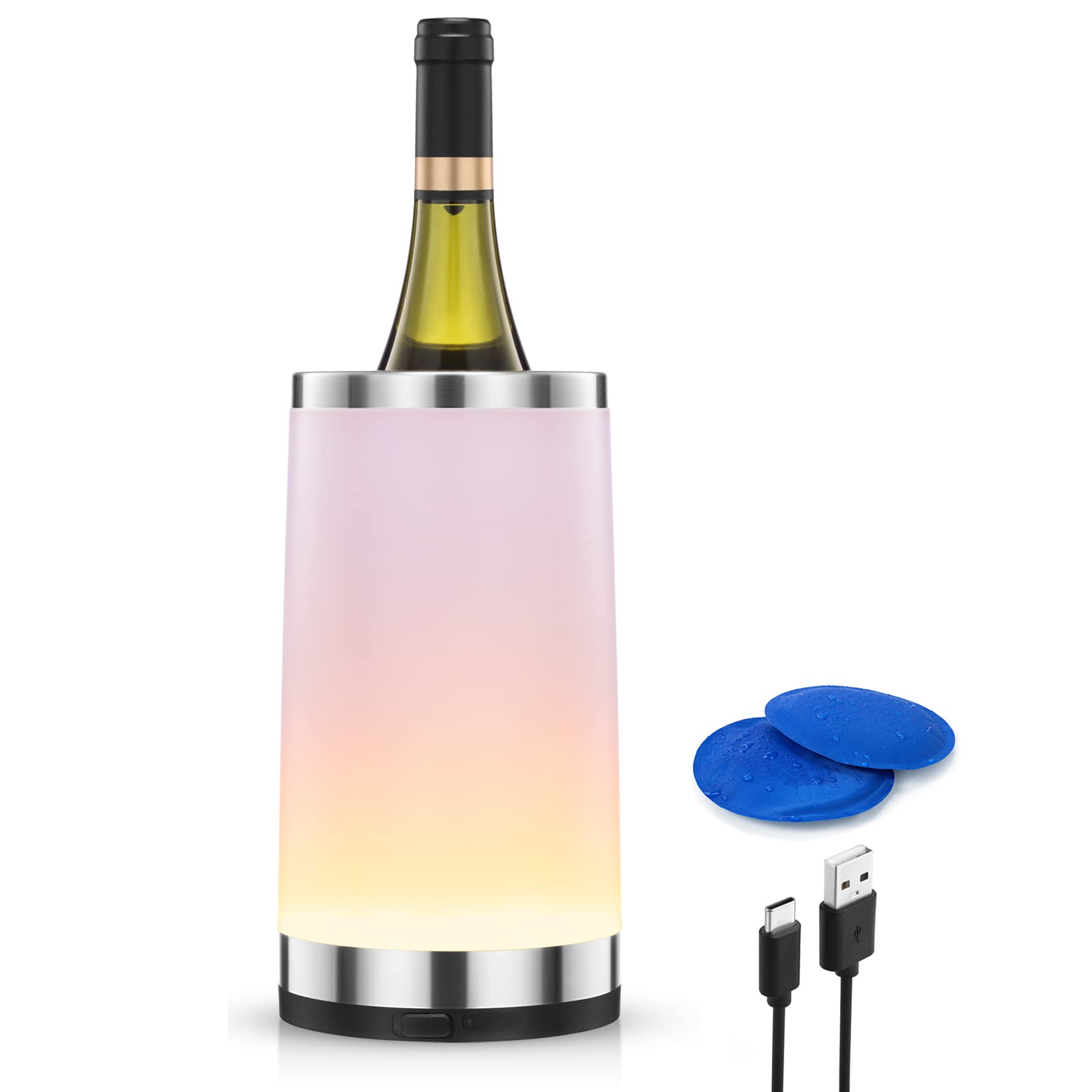 Elrigs Wine Chiller with Rechargeable RGB Touch Lamp| Wine Bottle Cooler Bucket| Double Walled Insulator with 2 Ice Pack for 750ml Champagne| Perfect Wine Gifts| Wine Accessories for Party/Dinner