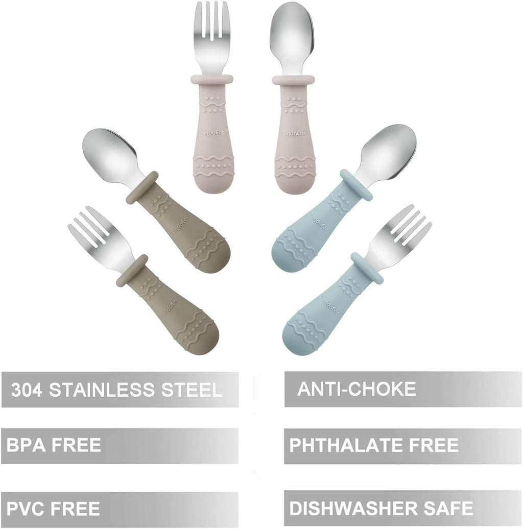 PandaEar Toddler Utensils - 6 Pack Kids Spoons & Forks | Stainless Steel & Silicone, Dishwasher Safe