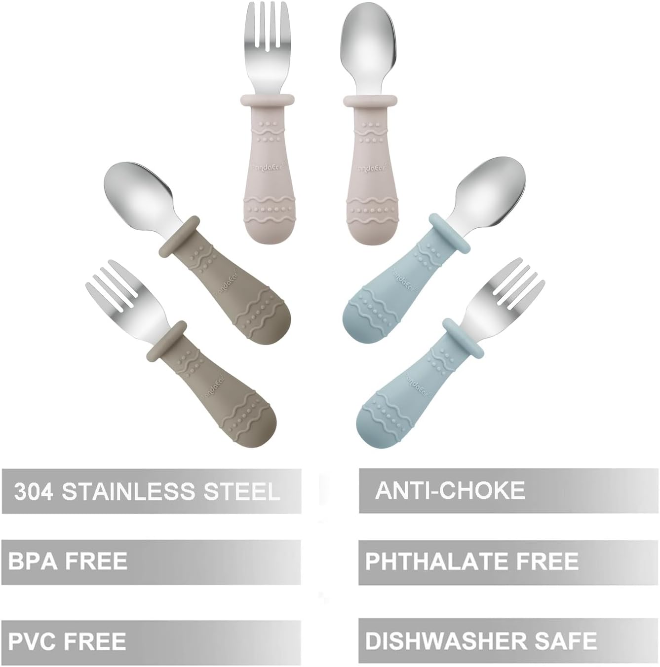 PandaEar Toddler Utensils - 6 Pack Kids Spoons & Forks | Stainless Steel & Silicone, Dishwasher Safe
