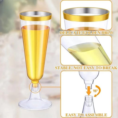CYUU 50 Pack Plastic Champagne Flutes 5.5oz Clear Gold Rim Disposable Suitable for Wedding, Birthday Party, Thanksgiving Day, Christmas Supplies