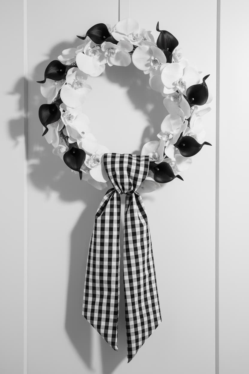 Regine Switzerland Black And White Plaid Wreath - Elegant Front Door Decoration For Halloween & Weddings