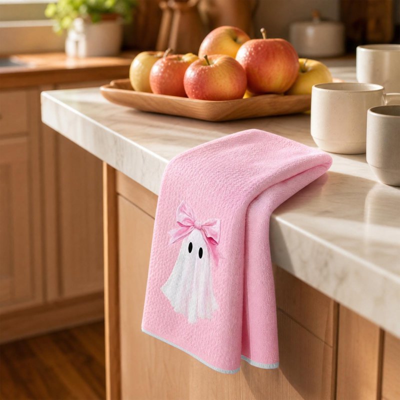 Pink Ghost Halloween Kitchen Hand Towel - Cute Fall Bathroom Decor - Variation K-A