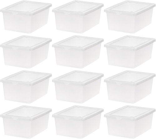 IRIS USA Storage Bins - 12-Pack Clear Stackable Shoe Boxes, 15 Quart, BPA-Free Plastic for Organizing Closets