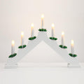 Lewondr Christmas Swedish Candelabra, Electric Candles with 7 Flameless Taper Candles, USB Powered Wooden Candle Bridge Light with Pine Needles, Decorative Xmas Candle Lights for Windows Wedding,White