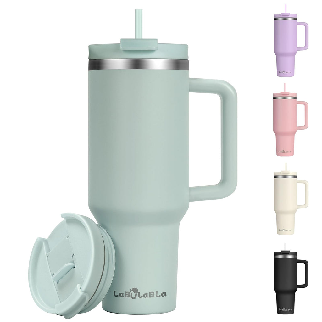 Labulabla 40oz Tumbler with Handle,Double Wall Vacuum Reusable Stainless Steel Insulated Water Bottle,With Leak Proof lid and Straw for Iced or Cold Beverages (Blue Haze)