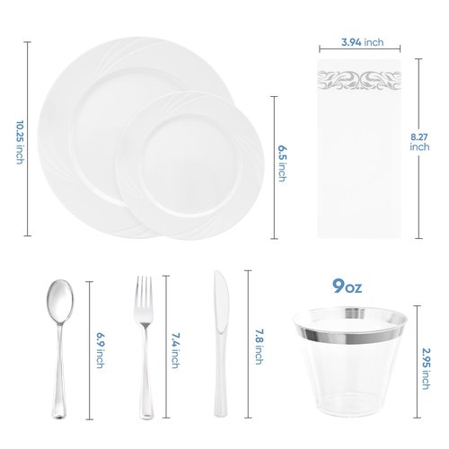 VajilaPhil 350-Piece White Swirls Plastic Dinnerware Set for 50 Guests, Elegant Disposable Dinnerware for Party, Wedding. Includes 10.25" Dinner Plates, 6.5" Dessert Plates, Silverware, Napkins, Cups