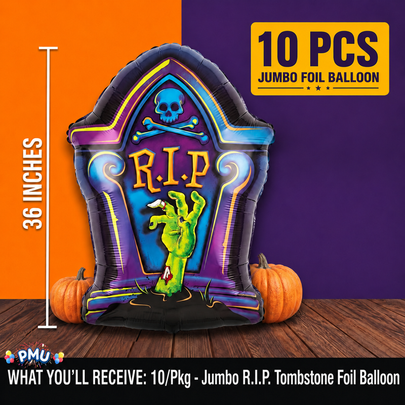 Halloween R.I.P. Tombstone 36 Inch Jumbo Mylar Balloon - Pack of 10 - Spooky Party Decor