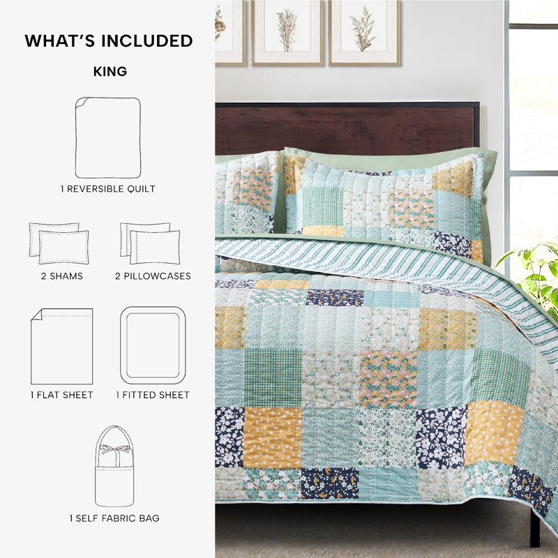 King Patchwork Quilt and Sheet Set - Lightweight All-in-One Bedding, 7 Pieces
