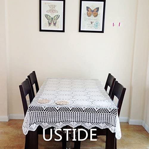 USTIDE Shabby Handmade Crochet Tablecloth Rectangle Romantic Table Cover White Lace Design Table Overlays Rectangular 51inchesx70inches