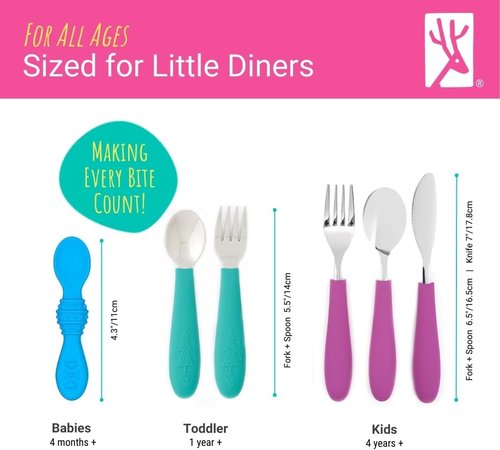 Elk and Friends Kids Silverware Set - Safe Silicone Handle Toddler Utensils | 6-Piece Stainless Steel Cutlery