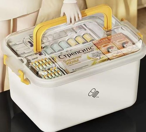 Drllepwoo Plastic Medicine Storage Organizer & First Aid Box, Medicine Box with Handles, Multipurpose Medical Supply Organizer with Removable Tray for Home, Office & Travel（small）