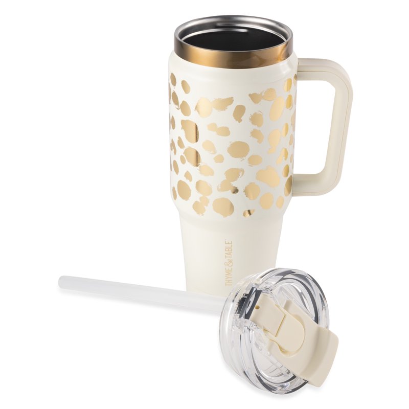 Stainless Steel 32oz Luna Tumbler with Handle & Dual Straw Lid - Cream & Gold Dots