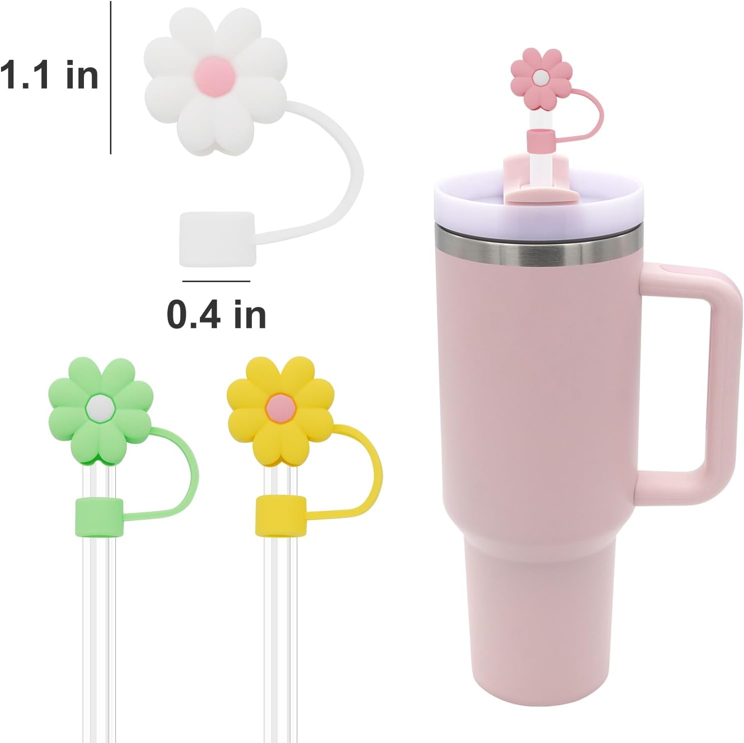 Skiennix Silicone Straw Covers - Cute Dust-Proof Caps for Stanley Cup | 4 Pcs Flower Design